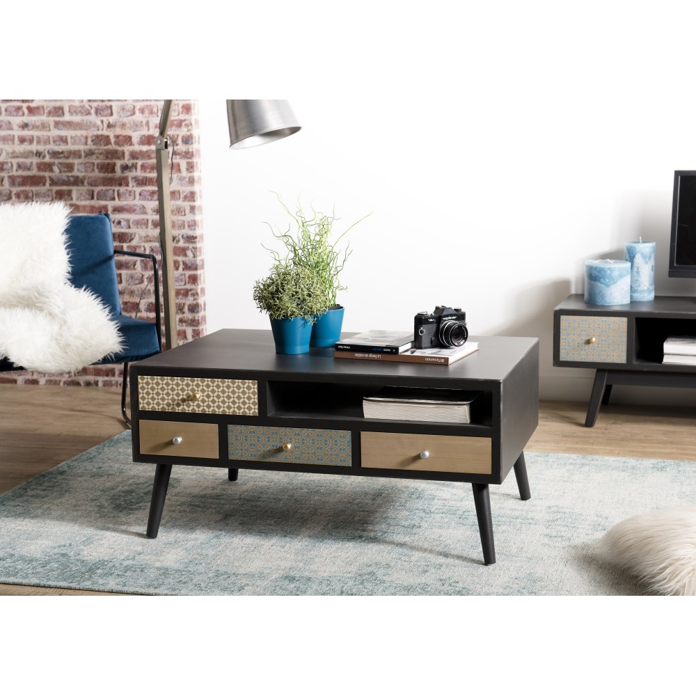 LEON - Black Coffee Table with 8 Brown Drawers