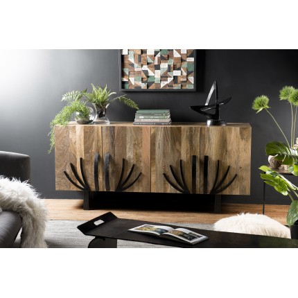 INDRA Mango Wood Sideboard 177x45cm 4 Doors 2 Decorative Shelves Metal Legs