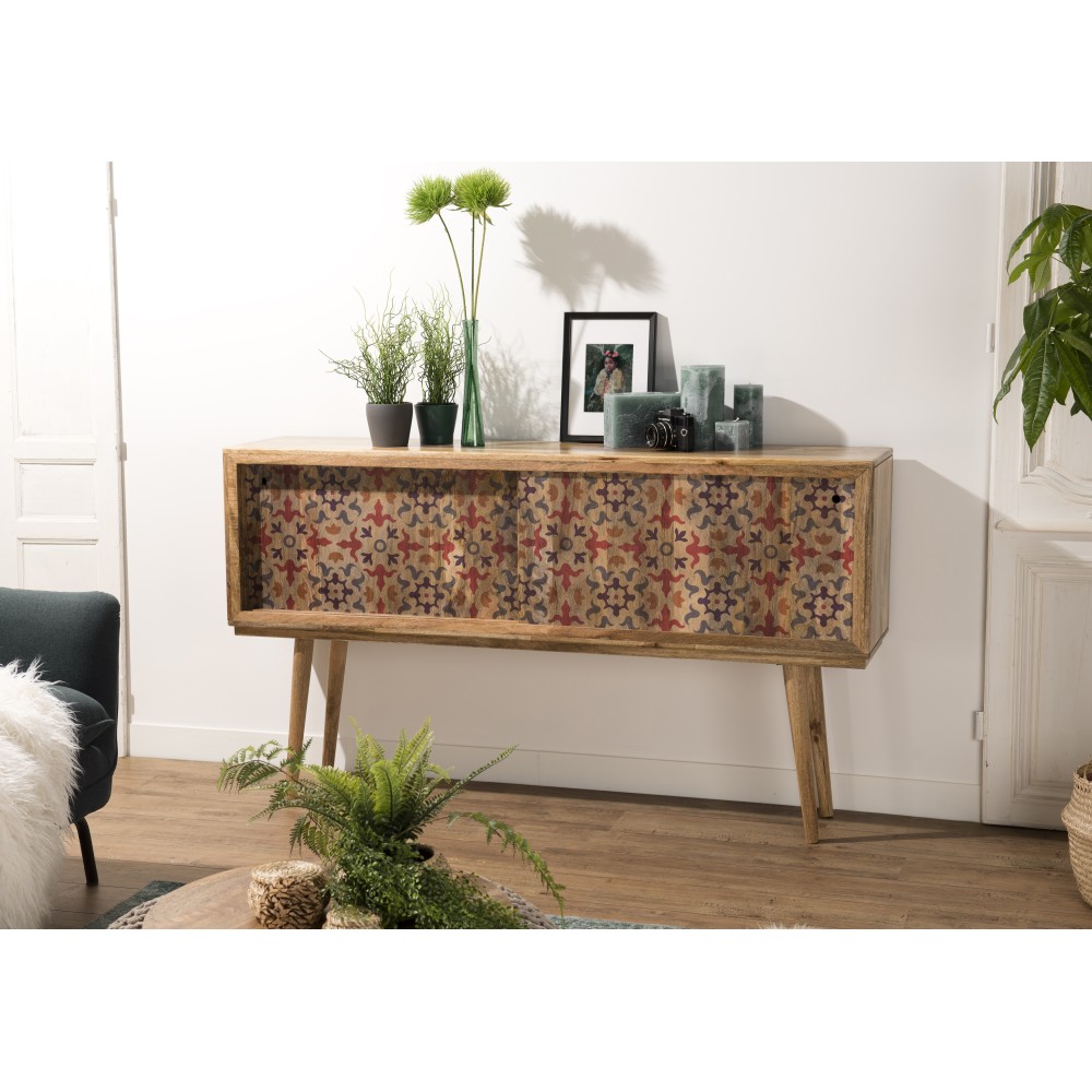 INDRA Mango Wood Console Table 160x35cm - 2 Sliding Doors 1 Shelf