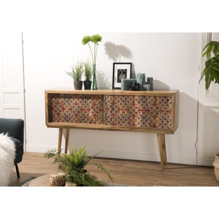 INDRA Mango Wood Console Table 160x35cm - 2 Sliding Doors 1 Shelf