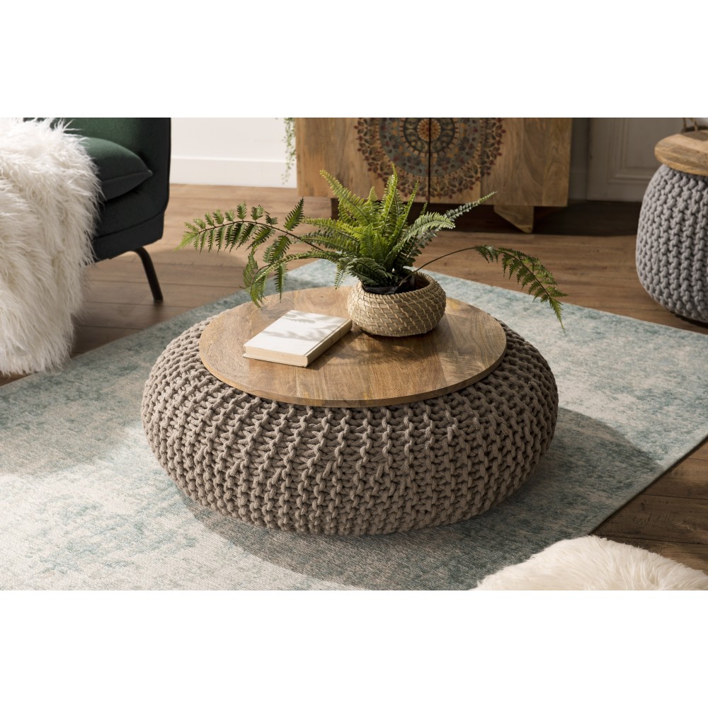 Table d'appoint ronde INDRA 80x80cm bois Manguier et coton Macassar gris Table d'appoint ronde INDRA 80x80cm bois Manguier et coton Macassar gris