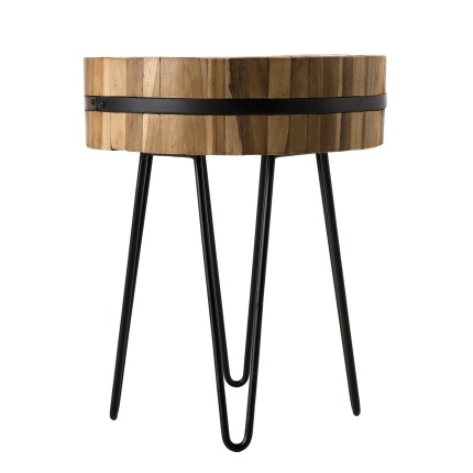 SAM - Table d'appoint ronde 45x45cm bois Teck recyclé cerclée métal pieds épingles métal noir