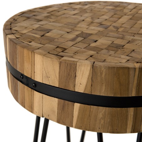 SAM - Table d'appoint ronde 45x45cm bois Teck recyclé cerclée métal pieds épingles métal noir