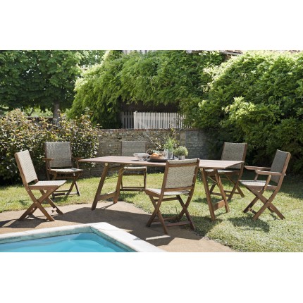 Victoire Acacia Wood Garden Furniture Set for 6/8 People | 220 x 90 cm Table, 4 Chairs, 2 Folding Armchairs
