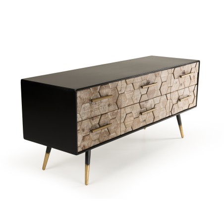 Meuble TV DORRIE noir 6 tiroirs scandi bois Sapin marqueté