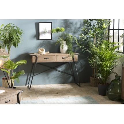 HELENA Console - 2 Drawers Natural Fir Wood Top Metal Legs