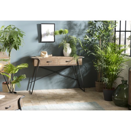 HELENA Console - 2 Drawers Natural Fir Wood Top Metal Legs