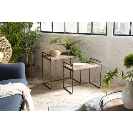 HELENA Set of 2 Nested Side Tables - Fir Wood Rectangular Tops