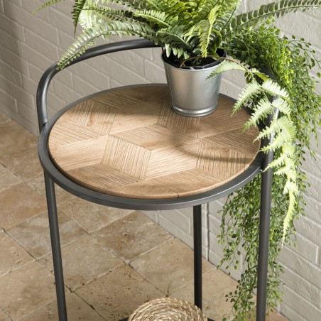 HELENA Round Side Table with 2 Levels Fir Marquetry Metal Legs