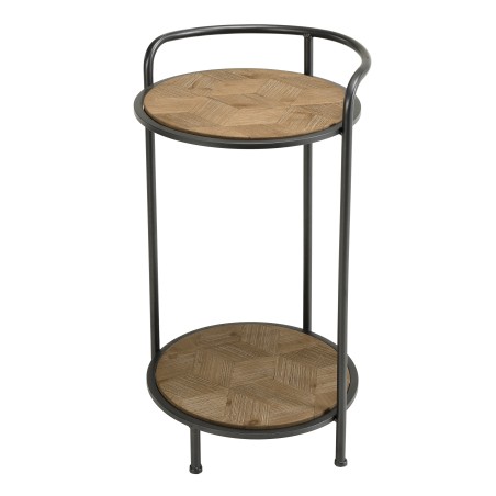 HELENA Round Side Table with 2 Levels Fir Marquetry Metal Legs