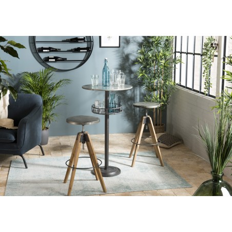 HELENA Bar Stool - Round Seat Aged Zinc Fir Wood Legs