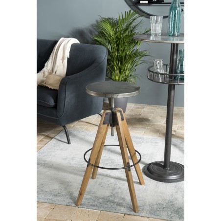 HELENA Bar Stool - Round Seat Aged Zinc Fir Wood Legs
