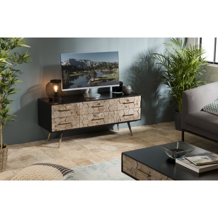Meuble TV DORRIE noir 6 tiroirs scandi bois Sapin marqueté
