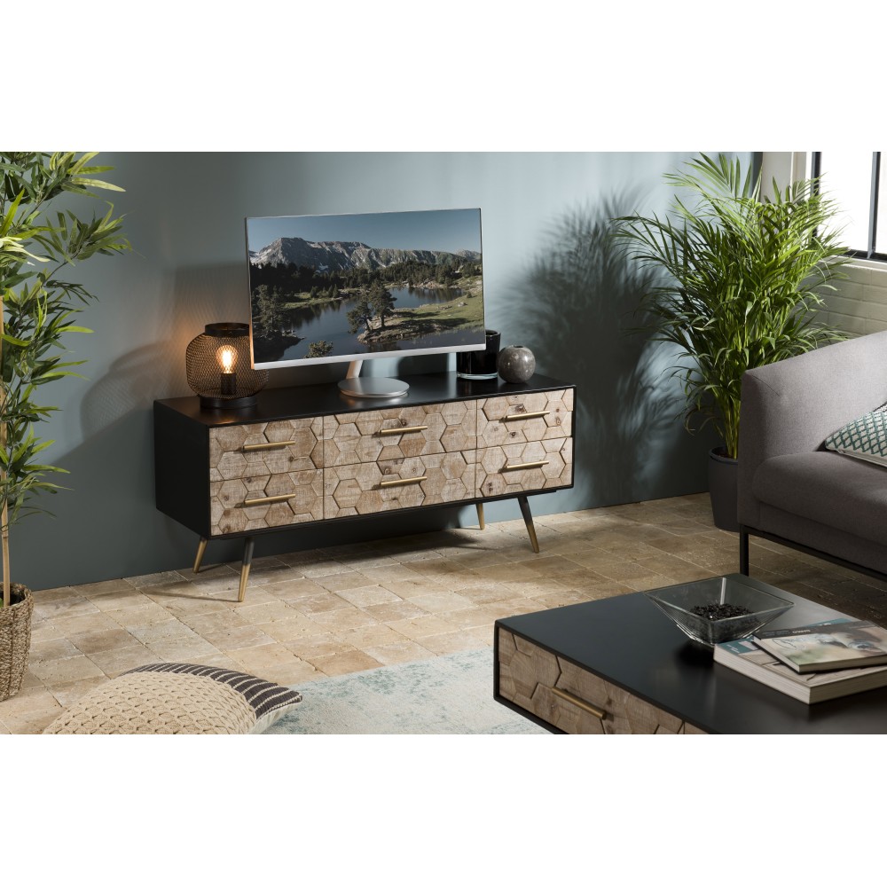 Meuble TV DORRIE noir 6 tiroirs scandi bois Sapin marqueté Meuble TV DORRIE noir 6 tiroirs scandi bois Sapin marqueté