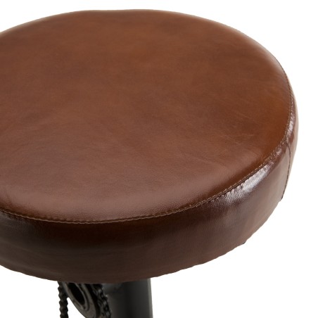 Tabouret de bar industriel ROMAIN - Cuir marron et métal noir