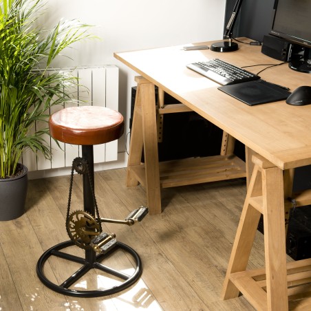 Tabouret de bar industriel ROMAIN - Cuir marron et métal noir