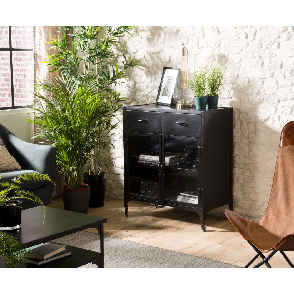 Buffet ROMAIN - Métal noir industriel 2 portes 2 tiroirs