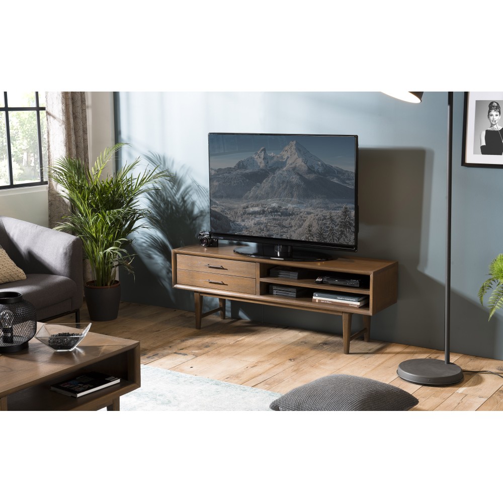 Meuble TV LARA - Bois Mindi Marron 2 tiroirs 2 niches Meuble TV LARA - Bois Mindi Marron 2 tiroirs 2 niches