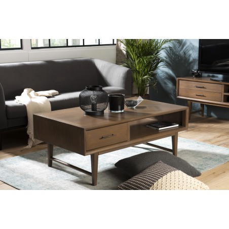 LARA Rectangular Brown Coffee Table with 2 Drawers and 1 Niche - Mindi Wood