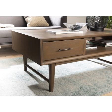 LARA Rectangular Brown Coffee Table with 2 Drawers and 1 Niche - Mindi Wood