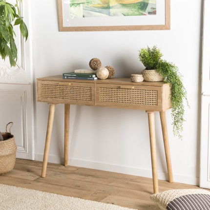 Console RODRIGO - Bois Cannage 2 Tiroirs Naturel