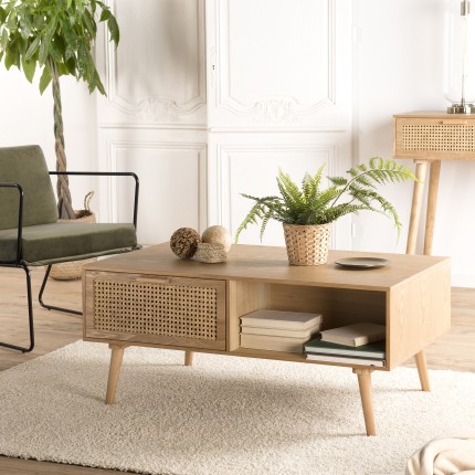 Table basse RODRIGO bois cannage 2 tiroirs 1 niche