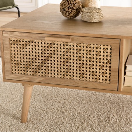 Table basse RODRIGO bois cannage 2 tiroirs 1 niche