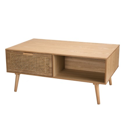 Table basse RODRIGO bois cannage 2 tiroirs 1 niche