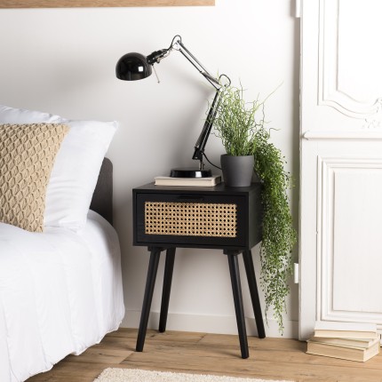 ANGELO Black Wooden Bedside Table with 1 Drawer and Cane Finish