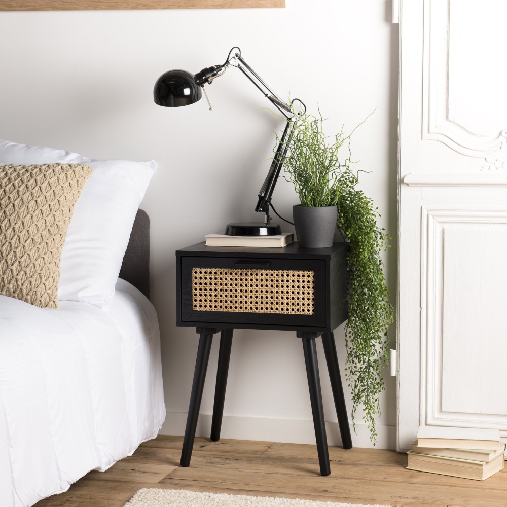 ANGELO Black Wooden Bedside Table with 1 Drawer and Cane Finish ANGELO Black Wooden Bedside Table with 1 Drawer and Cane Finish