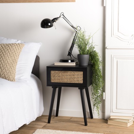 ANGELO Black Wooden Bedside Table with 1 Drawer and Cane Finish