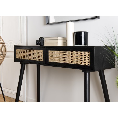 ANGELO Black Wooden Console Table with 2 Drawers and Cane Finish