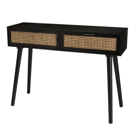 ANGELO Black Wooden Console Table with 2 Drawers and Cane Finish
