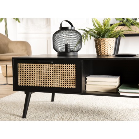 Table basse noire bois ANGELO - 2 tiroirs et 1 niche en cannage