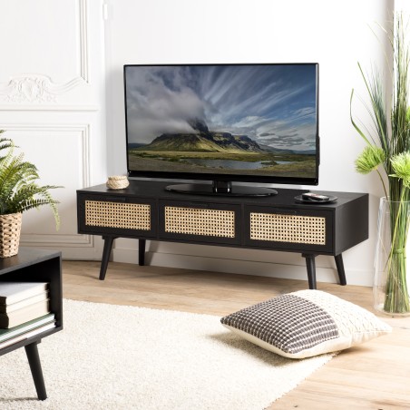 Meuble TV Angelo - Bois Noir 3 Tiroirs Cannage