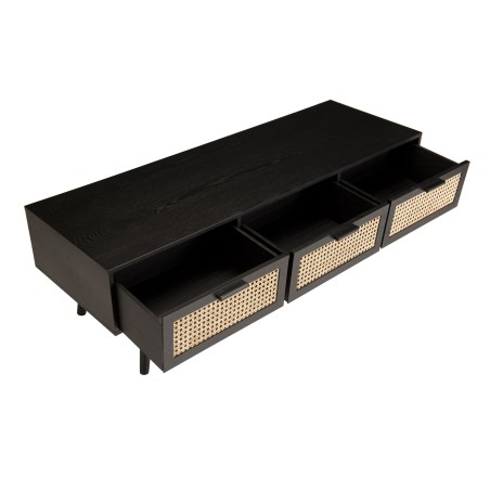 ANGELO Black Wooden TV Stand with 3 Drawers and Cane Finish