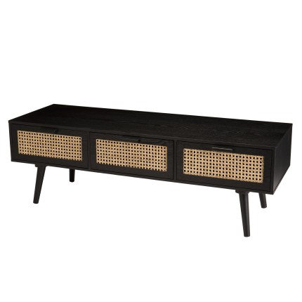 ANGELO Black Wooden TV Stand with 3 Drawers and Cane Finish