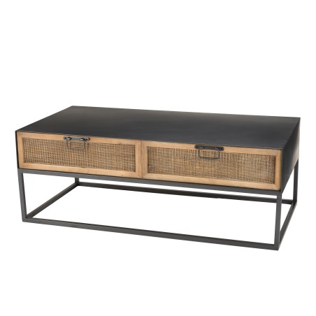 DORIA Rectangular Black Metal Coffee Table with 2 Natural Cane Drawers