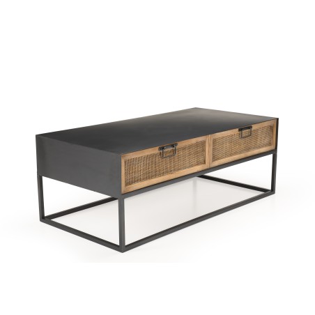 DORIA Rectangular Black Metal Coffee Table with 2 Natural Cane Drawers