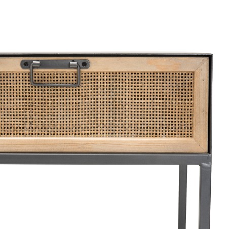 DORIA Black Metal TV Stand with 3 Natural Cane Drawers