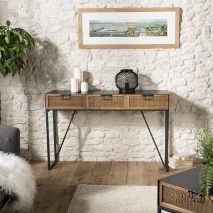 DORIA Black Metal Console Table with 3 Drawers and Natural Cane Finish