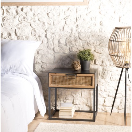 DORIA - Black Metal Bedside Table with Natural Cane Drawer
