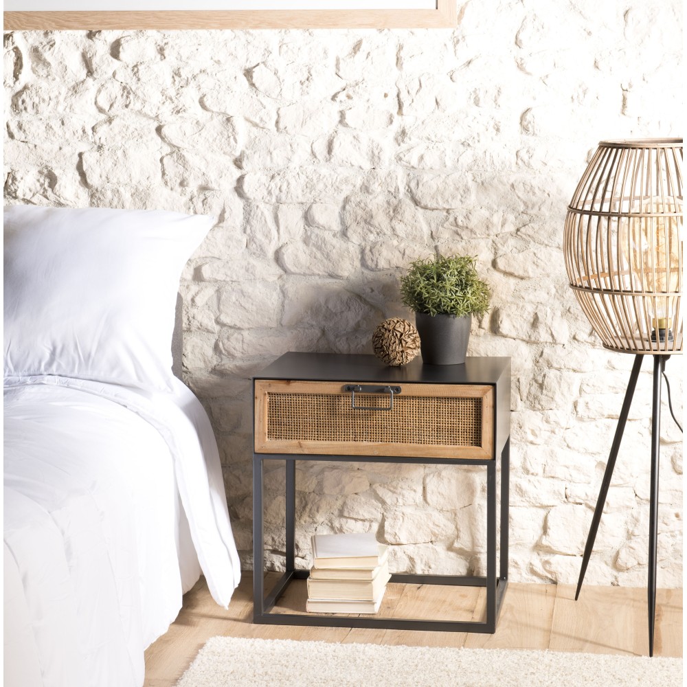 DORIA - Black Metal Bedside Table with Natural Cane Drawer DORIA - Black Metal Bedside Table with Natural Cane Drawer