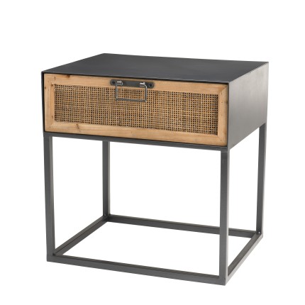DORIA - Black Metal Bedside Table with Natural Cane Drawer