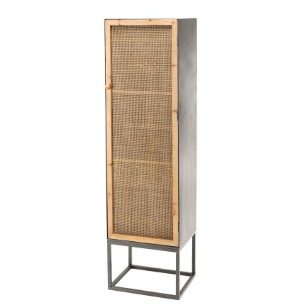Armoire DORIA - Métal Noir 1 Porte 2 Étagères - Cannage Naturel
