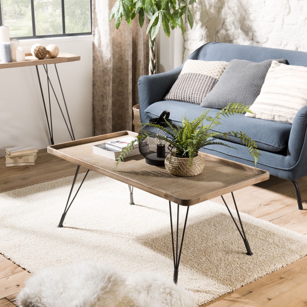 DORIA - Rectangular Coffee Table Natural Cane Top Black Metal Legs