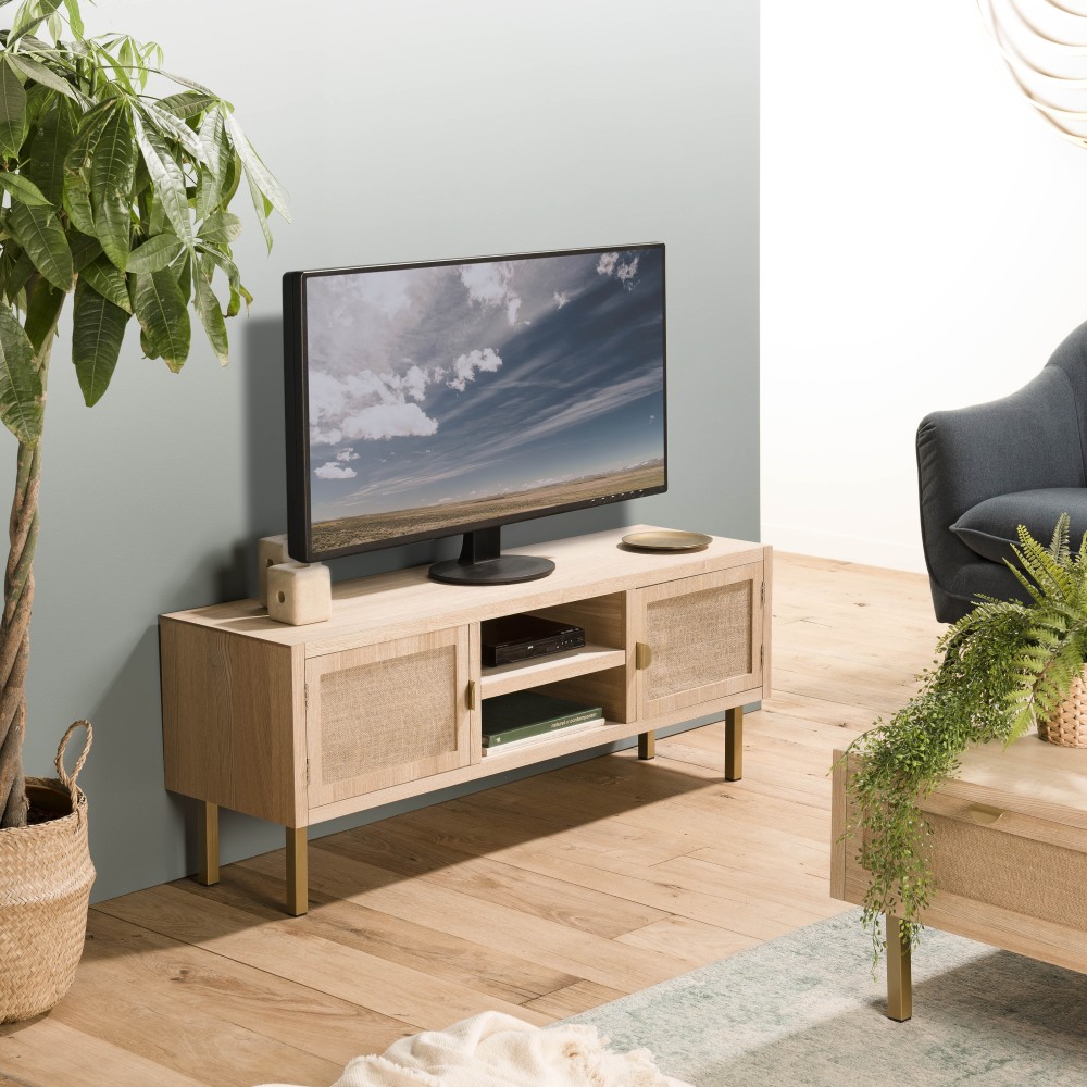 LAURA TV Stand - 2 Shelves, 2 Doors, Jute Fabric, Gold Metal Legs LAURA TV Stand - 2 Shelves, 2 Doors, Jute Fabric, Gold Metal Legs