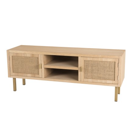 LAURA TV Stand - 2 Shelves, 2 Doors, Jute Fabric, Gold Metal Legs