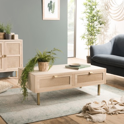 LAURA Coffee Table with 2 Drawers - Jute Fabric and Gold Metal Legs