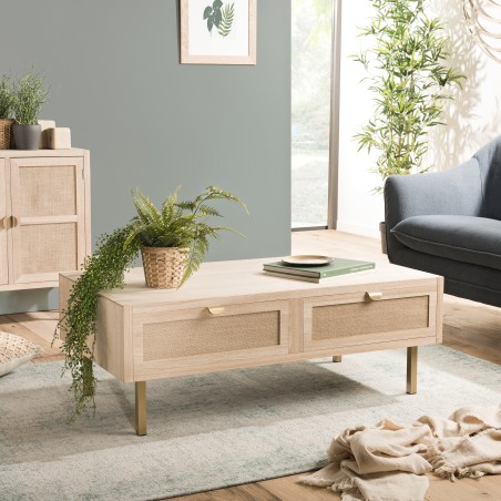 Table basse LAURA - Toile de jute et métal doré